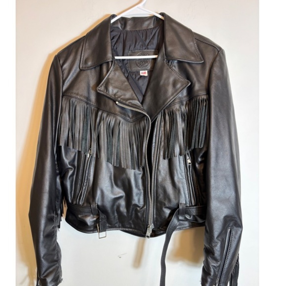 Heavy Duty Leather Company Womens XL Fringe‎ Biker Jacket Black Western USA vtg